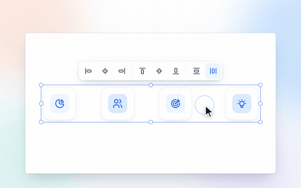 Selecting icon tiles in Google Slides and distributing them evenly with the Arrange toolbar